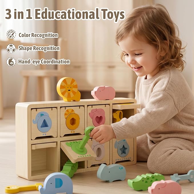 Montessori Toys for 2 Year Old|Wood Lock and Key Toy Fine Motor Skills Color Sorting Shapes Games for Toddlers 1-3|Preschool Learning Activities Birthday Gifts for 2 Year Old Girls and Boy