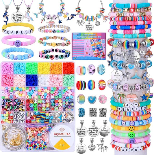 AIPRIDY 3600 Pcs Girls Toys Bracelet Making Kit, Unicorn/Mermaid Jewelry Activity, Flat College Style Beading for Friendship Jewelry Making, DIY Crafts for 4-12 Girls Birthday Christmas Gifts(Pink)