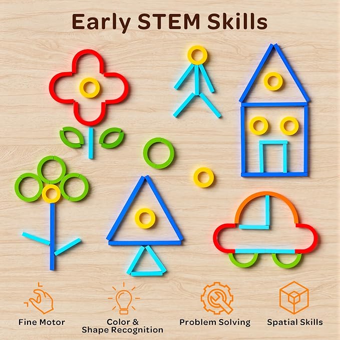 Montessori Smart Sticks and Rings Set with Challenge Cards, 120PCS Creative STEM Kit with Wooden Pattern Blocks for Kids, Preschool Learning Activities and Classroom Use