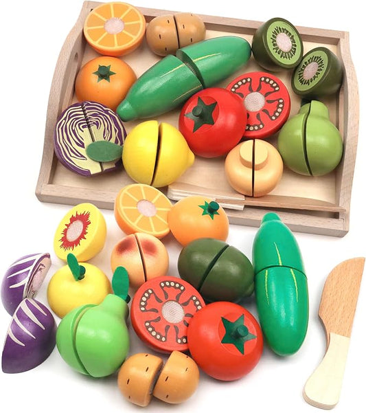 Wooden Cutting Fruits Vegetables Set for Kids Pretend Play Food Toy Set | Cutting Fruits Toys 2 3 4 Year Old, Toddlers Pretend Vegetables Gift for Boys Girls