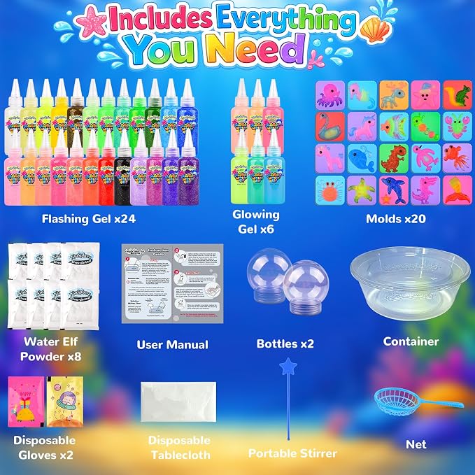 NiuSphere Magic Water Elf Toy Kit, 30 Gels & 20 Molds, Squishy Maker Set | Aqua Fairy Gel Kit, Make Your Own Squishy Water Pets, DIY Sensory Craft Kit, Party Favors & Birthday Gifts for Kids Ages 3+