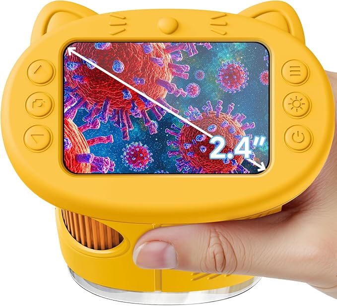 Microscope for Kids, 2.4 Inch Digital Microscope with 1000X Magnification, Handheld Camera Mini Pocket Magnifying Glass, Educational Birthday Gifts Toys for Ages 3+, Yellow