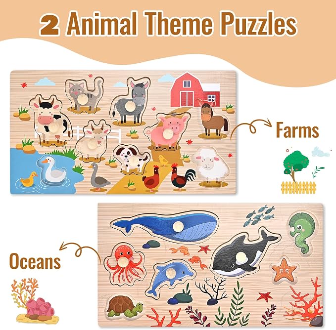 Wooden Peg Puzzles for Toddlers 1-3, 2 Pcs Montessori Puzzles, Animal & Sea Themes Puzzles, Great Preschool Educational Learning Gifts for Girls and Boys