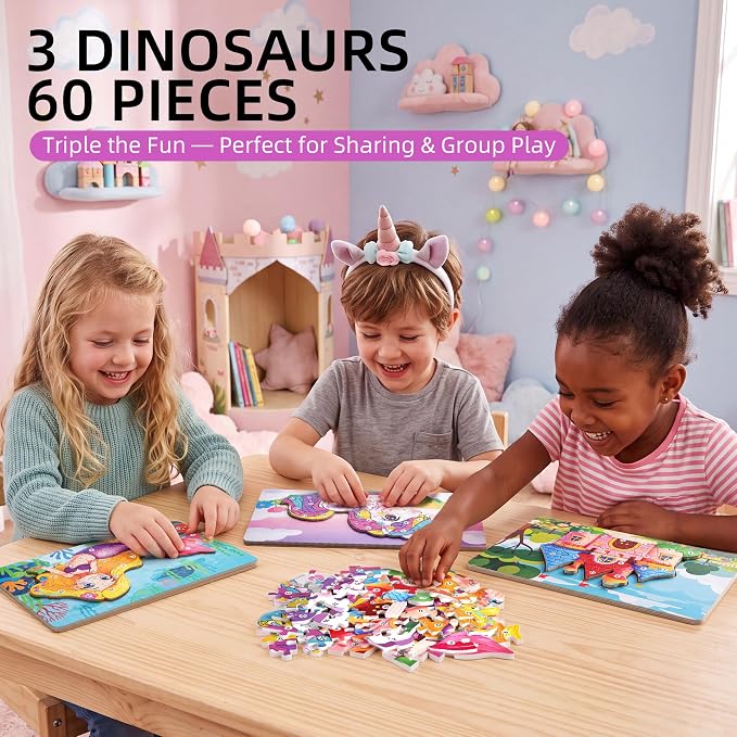 3 Pack 15.7"×8.9" Extra-Large Wooden Puzzle for Toddlers Age 3-5, Mermaid | Extra-Large numbered 1-20 blocks teach counting. Mermaid, castle, pony. Non-toxic, CPC certified, vibrant UV-printed colors