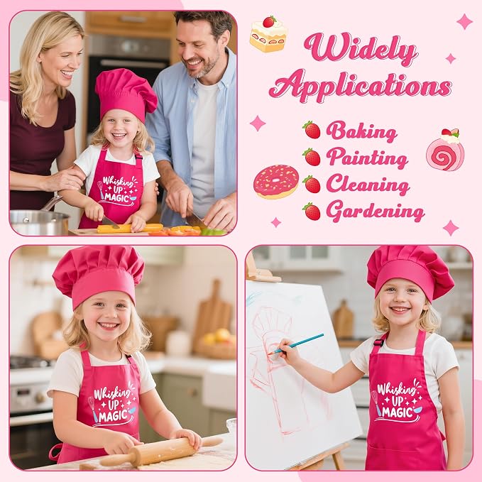 R HORSE Kid Apron and Chef Hat Set 2Pcs Adjustable Rose Pink Children Kitchen Apron, Waterproof Dress up Role Play Chef Toy Funny Cooking Baking Painting and Training Kits for Kids Birthday Party Gift