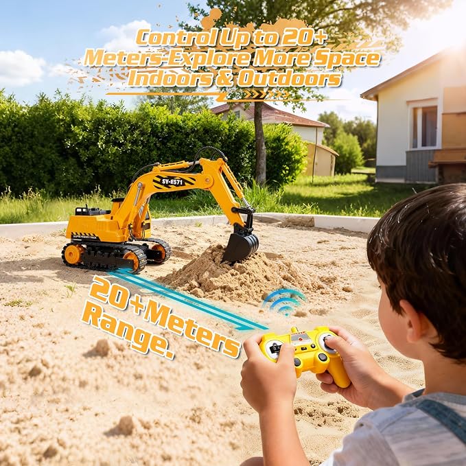 DOUBLE E Remote Control Excavator Toy, 2*Batteries 2.4GHz RC Excavator, 6-in-1 Digging/360° Rotation, 20M Range Sandbox Construction Toys Birthday Gift for Boys/Kids 6+ Years