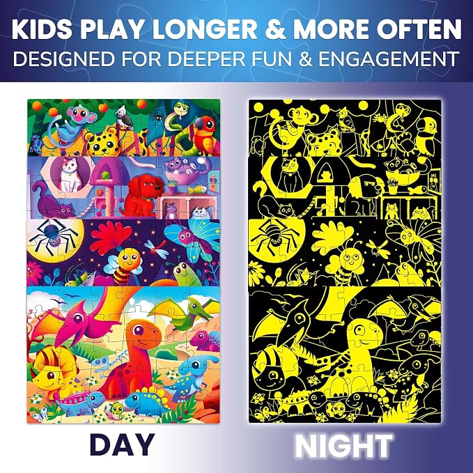 30 Pieces Puzzles for Kids Ages 3-5 – 4 Jigsaw Toddler Puzzles Ages 4-6 | Glow-in-The-Dark Dinosaur and Animals Learning - Educational Jigsaw Puzzle for Ages Kids 4-8 Years Old