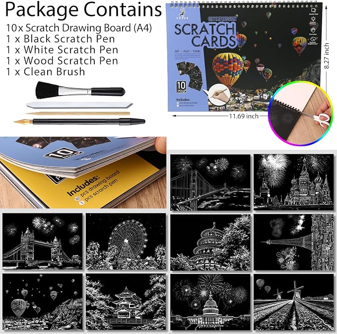 10 Pcs Scratch Art Book for Adults Teens, Rainbow Cityscape Craft DIY Kit | DIY Colorful City Series Painting Paper, ASMR Stress-Relief Engraving Kit Scratchboard, DIY Sketch Card Creative Craft