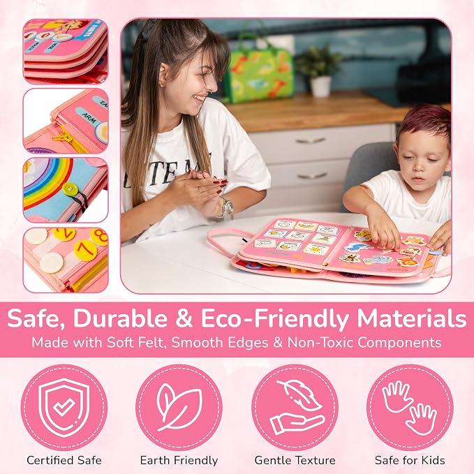 Solens Busy Book for Toddlers, Montessori Busy Board with 25+ Activities on 8 Pages and 3D Assorted Puzzles, Felt Activity Book with Numbers, Colors, Daily Life and Fine Motor Learning, Pink (Pink)