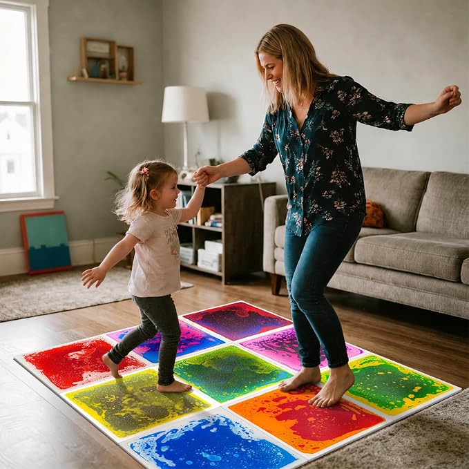 Liquid Sensory Floor Tiles for Kids Ages 3+, 12" Step-On Tiles with Non-Slip Base, Interactive Color-Flow, Assorted Colors, Classroom Sensory Path Set (6-Pack)