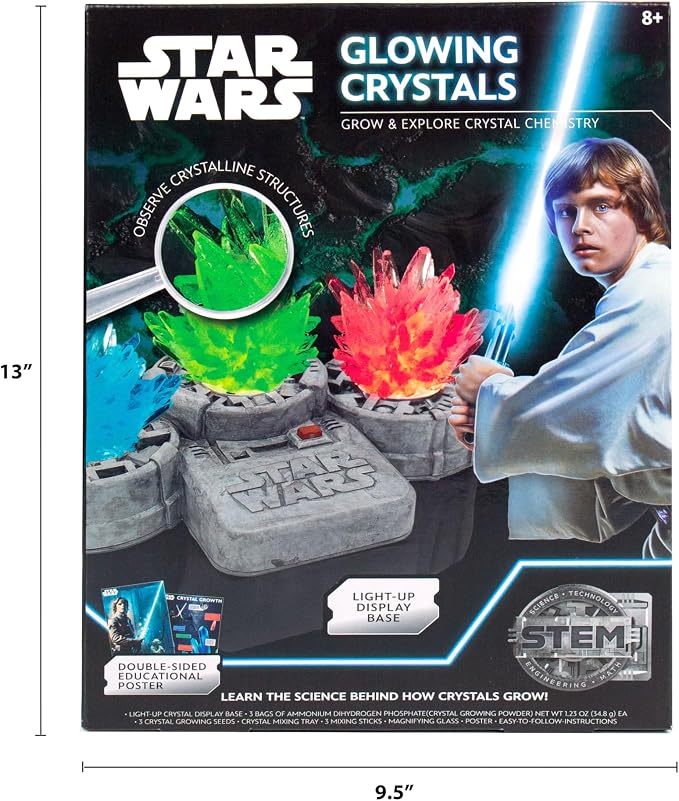 STAR WARS Glowing Crystals, Crystal Growing Kit with Light Up Display Stand, Grow 3 Colorful Crystals, Gift for 8 Year Old Boy, Merch, Toys for Boys Age 8-12
