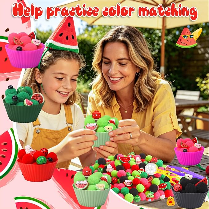 Watermelon Sensory Bin Filler-301Pcs Summer Fruit Fine Motor Sensory Bin Item Includes Tweezers Scissor Pom Poms Watermelon Resin for Summer Decor Counting Motor Skills Development