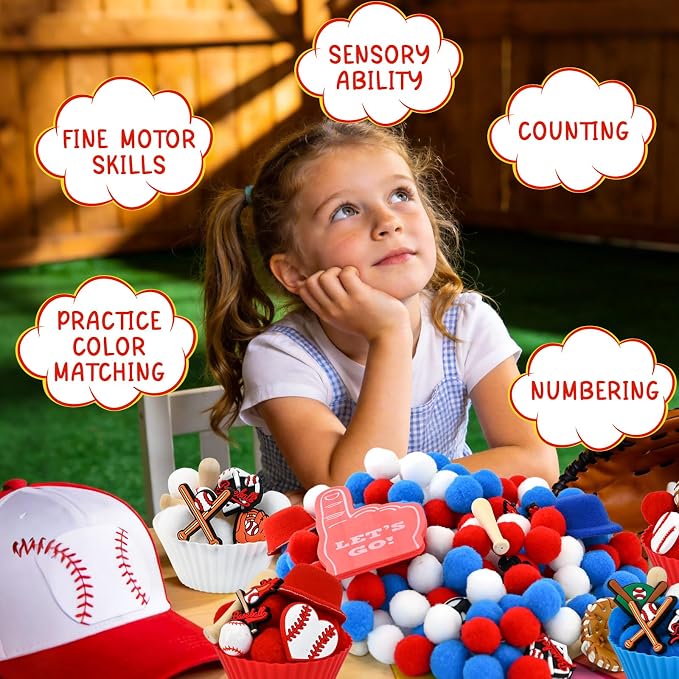 152 Pcs Baseball Sensory Bin Items Sports Balls Counting Sorting Baseball Sensory Bin Filler Fine Motor Ball Counts for Spring Summer Color Sorting Counting