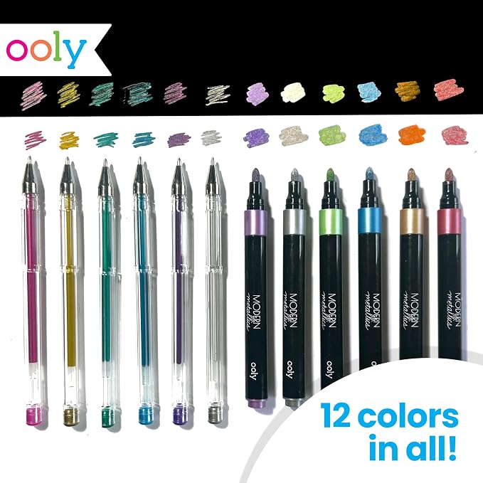 Ooly Metallic Sketchbook Coloring Art Kit, 7" x 9", 13 Piece | Ages 8+, 6 Metallic Markers, 6 Metallic Gel Pens, 40 Sheets of Black and White Paper, 20 Each, Fun Drawing Kit, Gift for Kids
