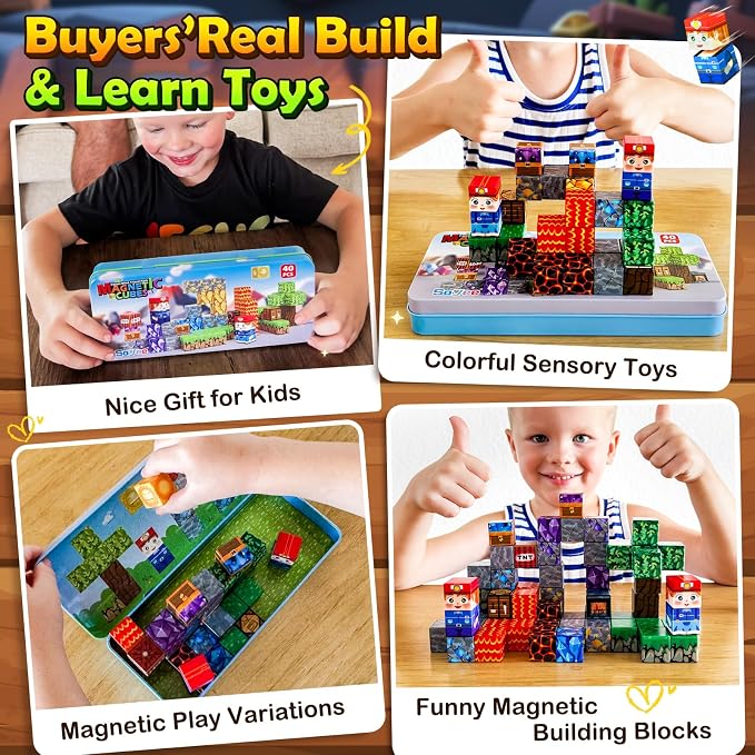 Magnetic Blocks Travel Toys with Iron Box Preschool Educational Kids Toys | Portable Travel Essentials Learning Outdoor Building Cubes 40PCS STEM Birthday Gifts for Boys & Girls Ages 3+