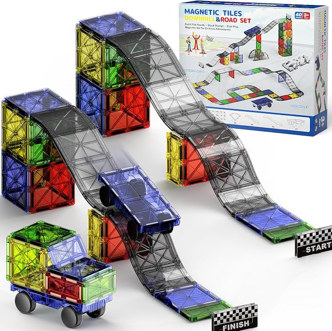 WMXDU Magnetic Road Track Set, 2-in-1 Playset with Curved Tiles | From Ramp Racing to Road Layouts, All in One Set, Unlock More Ways to Build & Play, Last for Kids 3-8