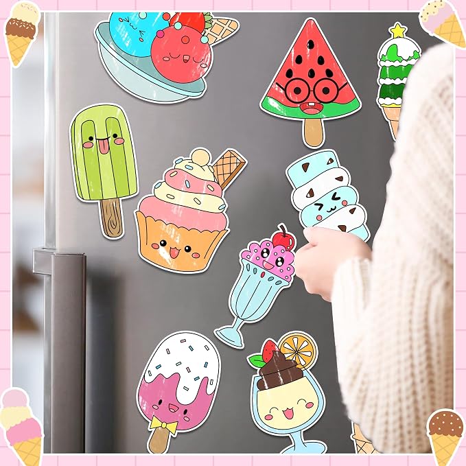 30Pcs Summer Ice Cream Coloring Magnets Arts Crafts Kits for Kids | Ice Cream Blank DIY Coloring Magnets for Summer Holiday Party Fridge Whiteboard School Classroom Activities Decors