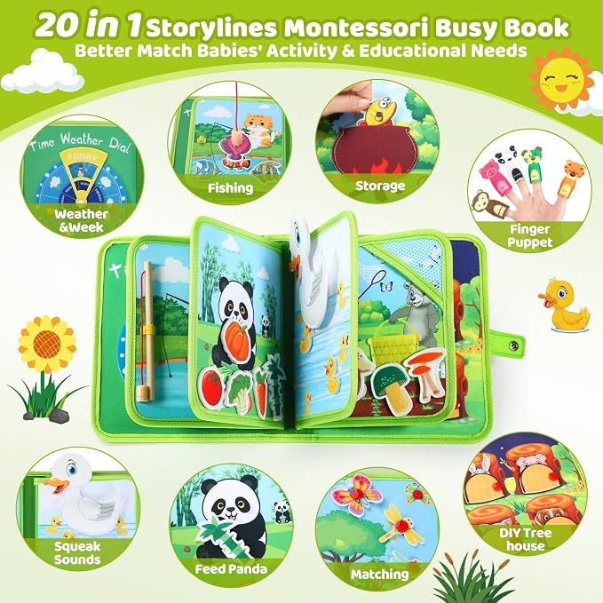 Busy Book for Toddlers 1-3, Montessori Toys Busy Board for 1 Year Old, Upgraded Composite Fabric Animal Forest Quiet Book with Fishing Game, Airplane Travel Essential Activities Birthday Gift Boy Girl