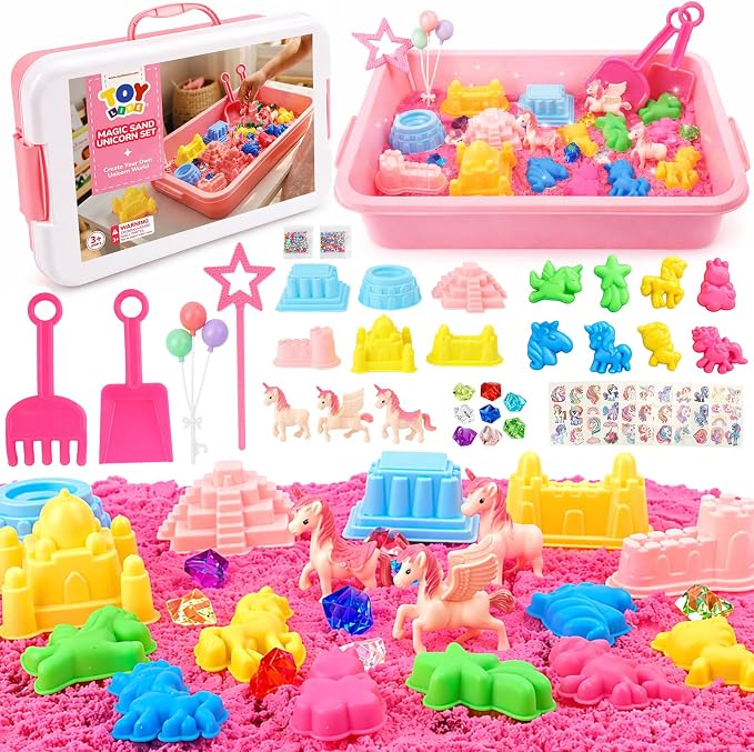 TOY Life Unicorn Sensory Bin, Magic Sand Play Kit for Girls, Ages 3+ | 2.6 lbs soft moldable material, sandbox toy, castle building set, summer family fun, supports fine motor skills