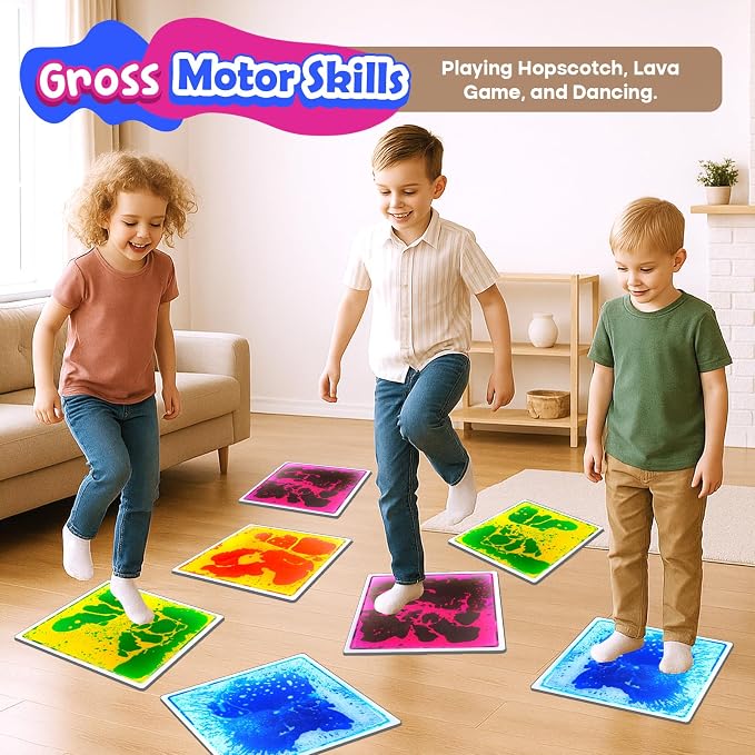 Sensory Floor Tiles for Kids Toddlers: 4Pack Liquid Sensory Mat Puzzle Pads | 12"x12" Colorful Autism Sensory Play Mat for Dancing Stepping Lava Tile Games, Daycare Sensory Room Preschool Must Have