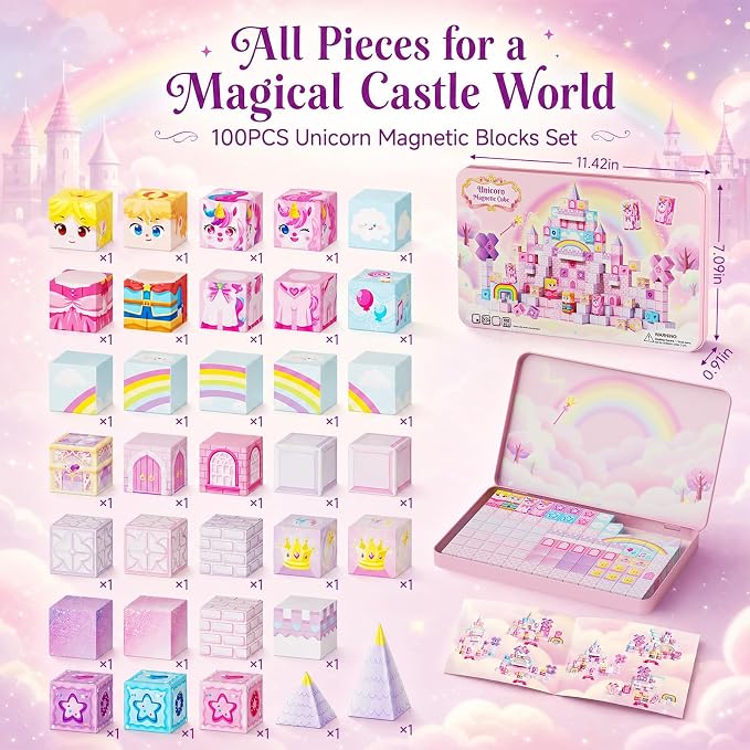 Unicorn Magnetic Cubes for Travel: 100 PCS Castle Princess Playset | Magnet Building Blocks Toys with Tin Storage Case - 60 Min Quiet Car & Airplane Activity Game for Girls Toddlers Ages 3-8