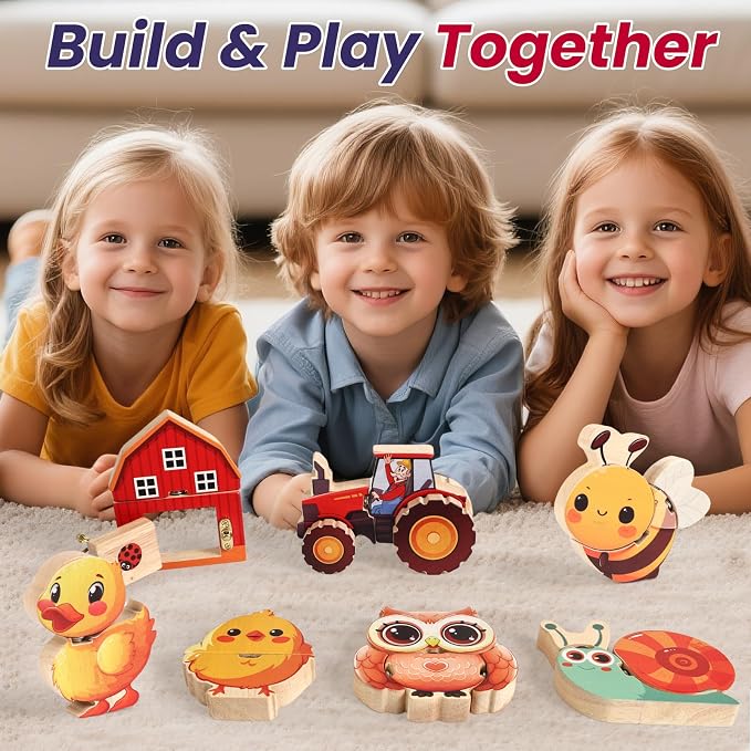HUZU Farm Snap Wooden Blocks – Montessori Building Toy for Toddler Kids, Moving Wheels Tractor, Lockable Door Barn, Mix & Match Farm Animals Duck Bee Owl Chick Snail, Stocking Stuffers for Grandkids