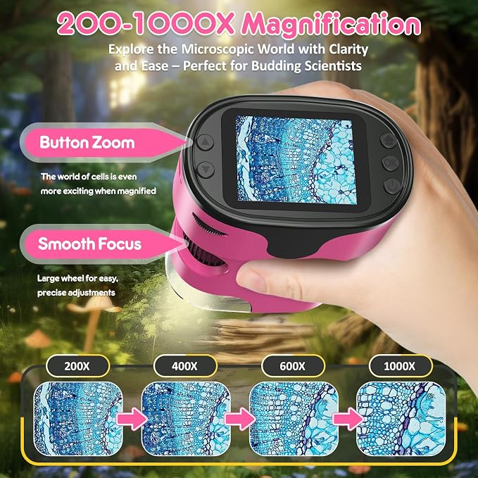 Kids Digital Microscope Science Gift: Complete STEM Toy Kit for Ages 4-12 | 32GB Card for Photos & Video / Custom EVA Case / Real Glass Slides / Upgraded 3mm Slide Slot / 2.5H Rechargeable Use