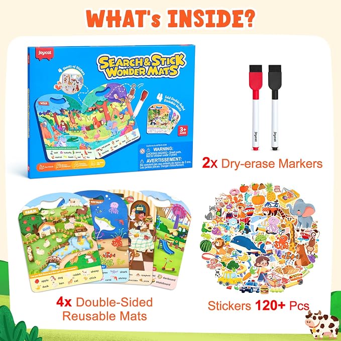 JoyCat Reusable Sticker Book Set, 4-Pack, 120+ Stickers, Kids Travel Toys | Sticker activity books for toddlers offer car, airplane and road trip fun; preschool educational gifts for boys and girls.