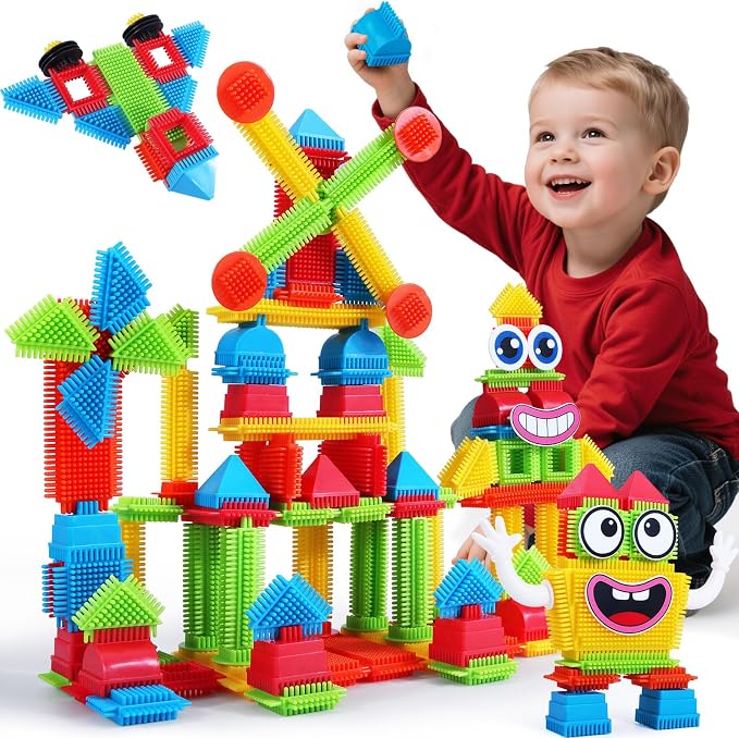 teytoy 200Pcs Building Blocks Toys,Bristle Shape Building Blocks Set | STEM Interlocking Construction Learning Toys Pretend Play for Kids Ages 3+