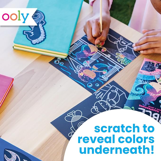 Ooly Scratch & Scribble Art Kit, 8 Cards, Sticker Sheet – Ocean Life | Ages 6+, Wooden Stylus and Stickers Included, Screen-Free Portable Car and Airplane Travel Activity, Gift for Kids