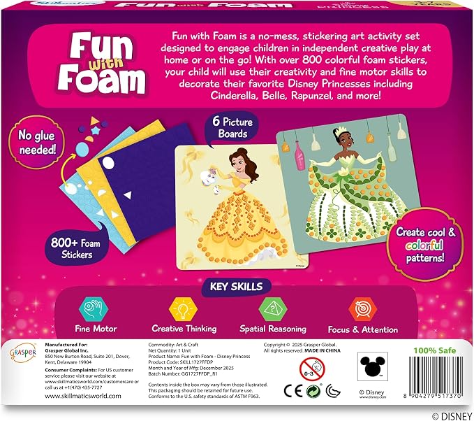 Skillmatics Fun with Foam – Disney Princess, Art & Craft Kit, Gift for Kids | 3D Foam Stickers, Mess-Free Fun for Girls & Boys, Fans of Cinderella, Rapunzel, DIY Felt Craft Kits for Ages 3, 4, 5, 6, 7