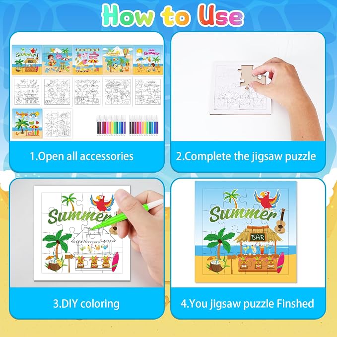 Fennoral 24 Pack DIY Coloring Summer Jigsaw Puzzle Craft Kit for Kids | Make Your Own Jigsaw Puzzle with Base Design, 4.7 Inch Bulk Craft Supplies for Classroom, Luau Party & Birthday Gifts