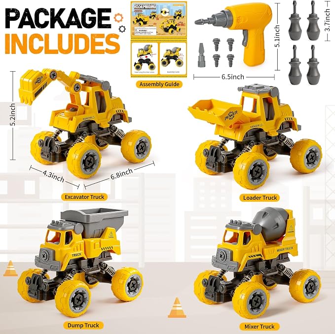 Take Apart Construction Truck Toys for Boys Age 3-8, 4 PCS STEM Building Toys with Electric Drill, Excavator Bulldozer Cement Mixer Dump Truck, Pull Back Cars Birthday Gifts for 3 4 5 6 Year Old Kids