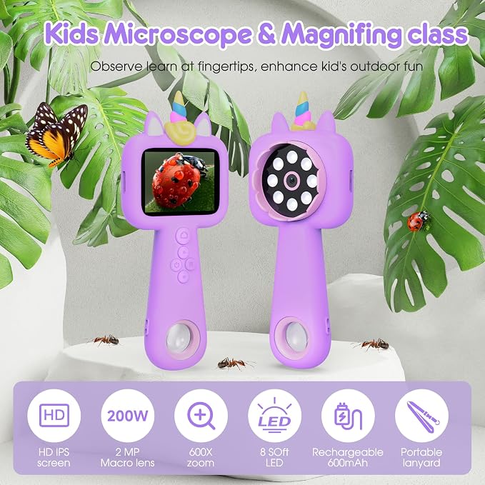 Magnify 2.4" Screen Handheld Microscope for Kids, 600X Digital 4K Kids Microscope, 8 LEDs Pocket Microscope, Portable Edu Toy for Ages 3-12 Boys& Girls Exploring Bugs Plants at Home & Outdoor Travel