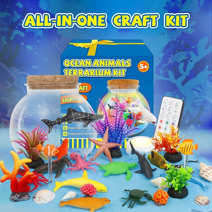7july Ocean Animals Terrarium Crafts Kit for Kids-LED Night Light Up & Remote Birthday Gifts Toys for Girls Ages5 6 7 8 9 10 Year Old