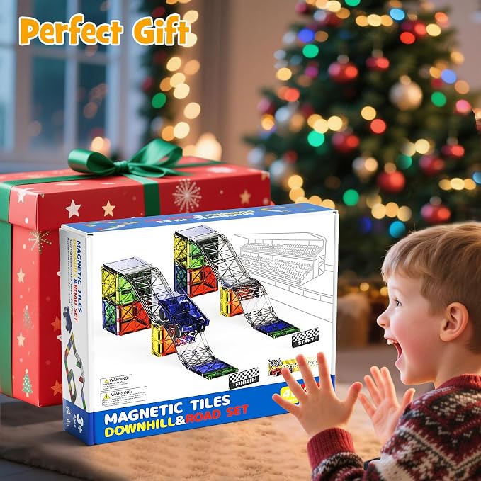 WMXDU Magnetic Road Track Set, 2-in-1 Playset with Curved Tiles | From Ramp Racing to Road Layouts, All in One Set, Unlock More Ways to Build & Play, Last for Kids 3-8