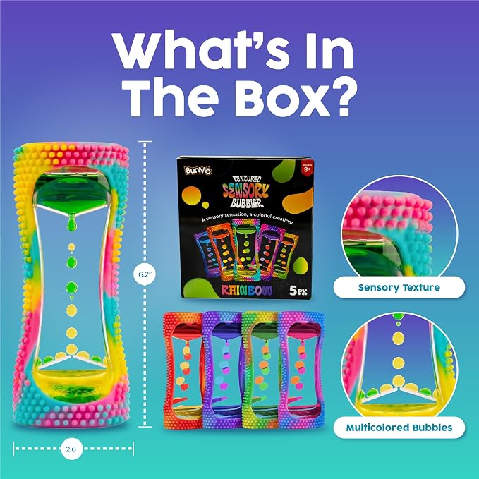 BUNMO Liquid Motion Bubbler Sensory Toy for Kids & Adults Rainbow 5pk – Gentle Fidget Toy for Mindfulness – Stimulating Visual Sensory Experience – Colorful Bubble Fidget Timer for Desk & Travel