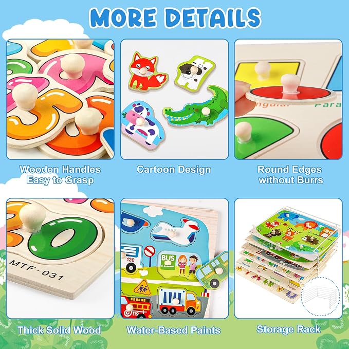 Attmu Alphabet Wooden Puzzles for Toddlers 6 Pcs ABC Shape Number Puzzle | Learning Toys for Kids Animal Farm Puzzle Preschool Educational Activities Toddler Gift Toys for Girls Boys Christmas Easter