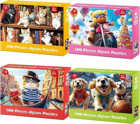 4-Pack 100 Piece Puzzles for Kids Ages 4-6 6-8 8-10 Year Old - Lovely Cats & Bear & Dogs Large Piece Jigsaw Puzzles, Kids Puzzles Learning Educational Toys Christmas Puzzle Gifts for Boys Girls