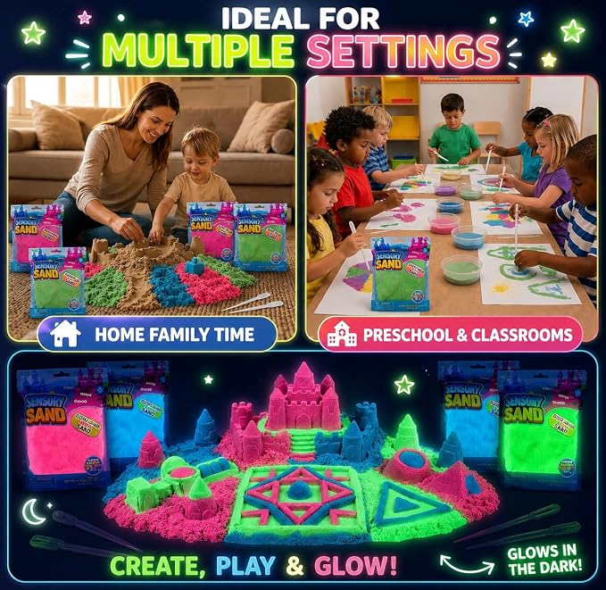 Carolart Glow in the Dark Sensory Sand Refill for Kids 7.5lb | 7.5lb Bulk Sensory Bin Filler, 5 Color Moldable Play Sand, Sensory Kit for Sand Tables, Classroom Activities & Crafts