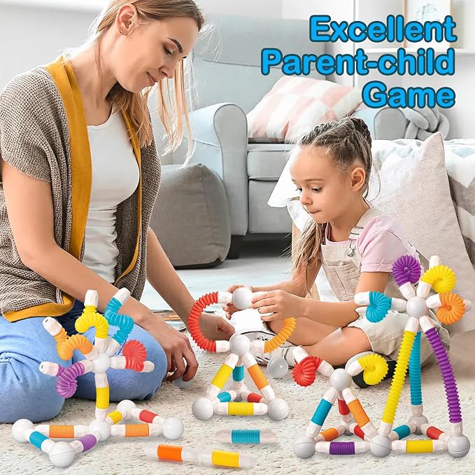ROUSKY Magnetic Building Blocks Construction Set, 66 Pieces, Educational STEM Toy with Flexible Tubes and Connectors (66PCS)