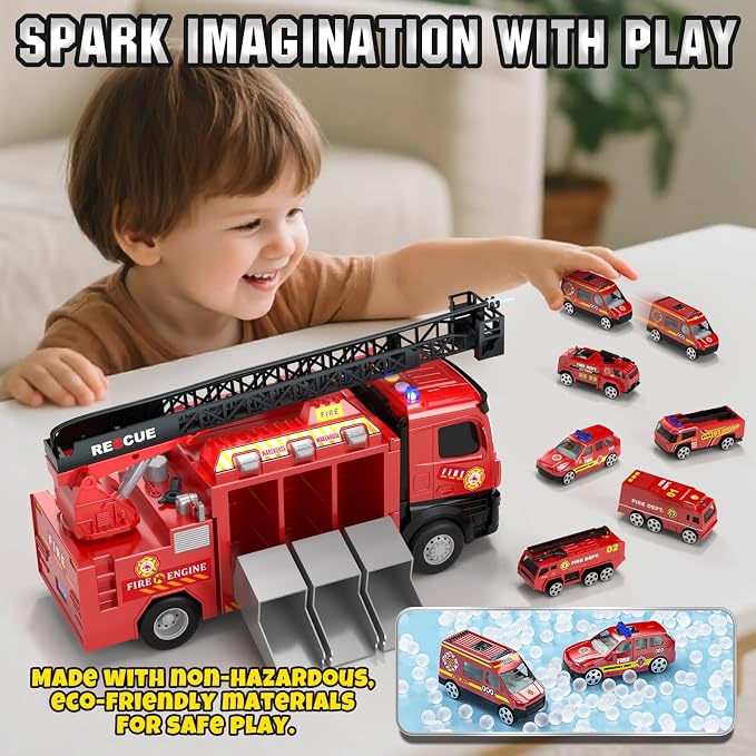 Lehoo Castle Fire Truck Toy for 3 4 5 Years Old Boy | Fire Trucks Playset with Rotating Ladder, Realistic Lights & Sounds, Birthday Gifts for Toddlers 3+