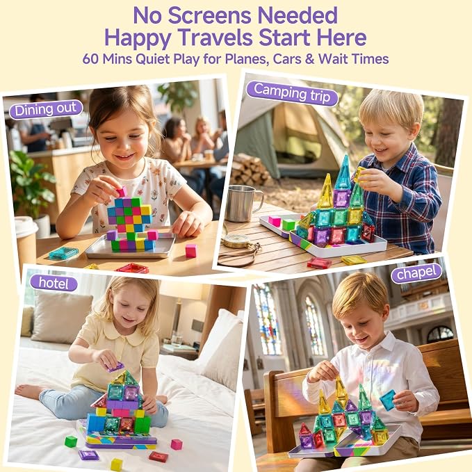 Magnetic Blocks Travel Set: 48 Pieces 3 in 1 Magnetic Tiles Set | Ultra-Lightweight Tin Box, 60-Min Focused Play, 45S Cleanup, on-the-Go Design, Air Travel, Great for Boys & Girls 3-8
