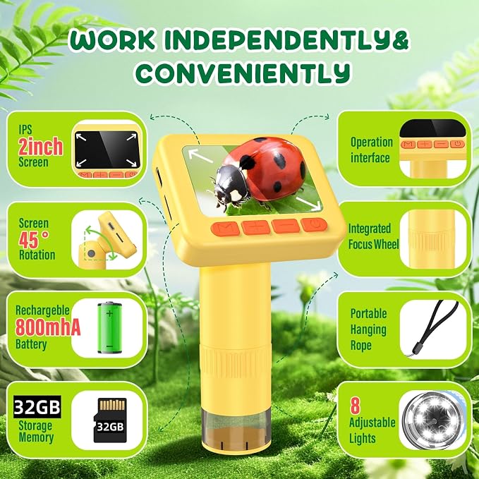 IMICHI Microscope for Kids 50X-1000X 2 inch IPS HD Screen, 32GB Storage Card, 1080P Video, 2-Hour Battery Life, Easy Carry, Slides Included - Perfect Science Kit Gift for Kids Ages 8-12 Yellow