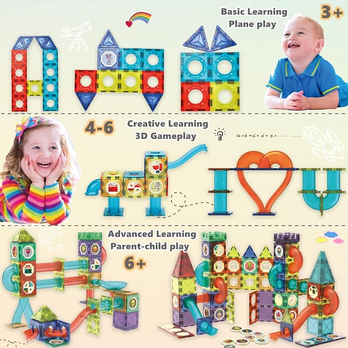 Magnetic Tiles Building Blocks Toys for Kids,144 PCS Magnet STEM Construction Set with LED Lights & Marble Run | Educational Learning Creative Gifts for Kids Ages 5-12 Boys and Girls