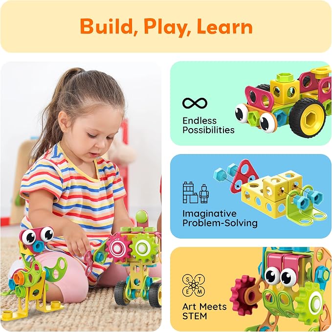 PicassoTiles STEM Learning Toys 250 Piece Building Block Kids Construction Engineering Kit Toy Blocks Children Early Education Playset w/Free IdeaBook, Power Drill, Clickable Ratchet, Age 3+ PTN250
