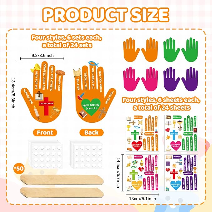 ojustbeok 24 Sets Sunday Bible Crafts Kit for How to Pray Handprint Fan Craft DIY VBS Christian Religious Arts Make Your Own Finger Prayer Fan for VBS Church Home Party Activities