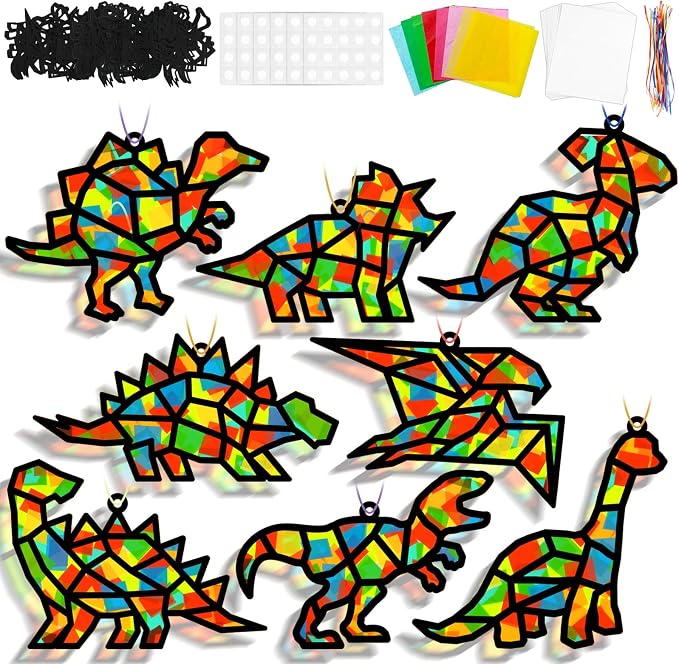 Lonfliness 32Sets Dinosaur Suncatchers Crafts Kit DIY Dino Window Stained Glass Effect Paper Dinosaur Animal Home School Classroom Decoration Art Craft Creative Activity Project Kid Gift Favor