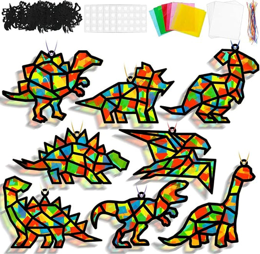 Lonfliness 32Sets Dinosaur Suncatchers Crafts Kit DIY Dino Window Stained Glass Effect Paper Dinosaur Animal Home School Classroom Decoration Art Craft Creative Activity Project Kid Gift Favor