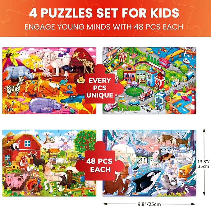 48 Piece Puzzles for Kids Ages 4-6 - 4 Jigsaw Kids Puzzles Ages 3-5 | Farm Animals Learning Puzzles for Preschool Kids Ages 4-8 - Educational Children Toy for Boys and Girls